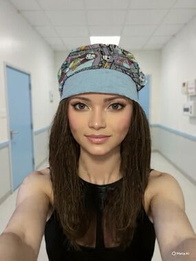 Light Blue Scrub Cap with Patterned Crown